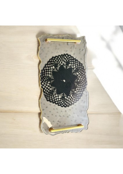 Epoksi Reçine Dantelli Tepsi - Siyah Dantelli Incili - Eni: 16 Cm boyu: 30 cm