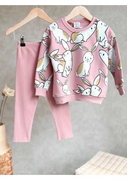 Kız Çocuk Sweatshirt ve Fitilli Tayt Takım