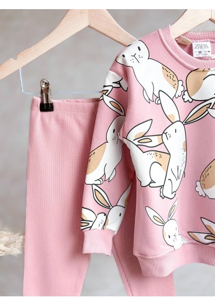 Kız Çocuk Sweatshirt ve Fitilli Tayt Takım