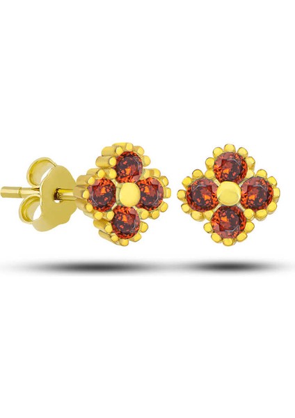 Gümüş Gold Yonca Çivili Kırmızı Taşlı Çocuk Küpe