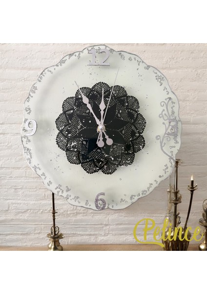 Epoksi Reçine Duvar Saati - Siyah Dantelli Gümüş Taşlı - Çap 30 cm