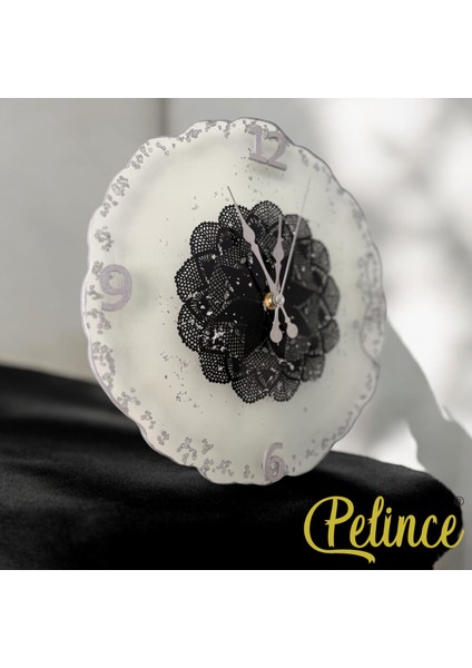 Epoksi Reçine Duvar Saati - Siyah Dantelli Gümüş Taşlı - Çap 30 cm fiyatları