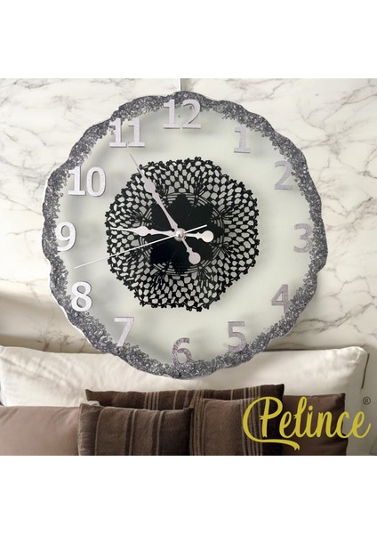 Epoksi Reçine Duvar Saati - Siyah Dantelli Gümüş Varak - Çap 30 cm