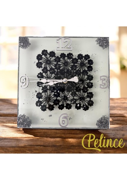 Epoksi Reçine Duvar Saati - Kare Siyah Dantelli - Çap 25 cm
