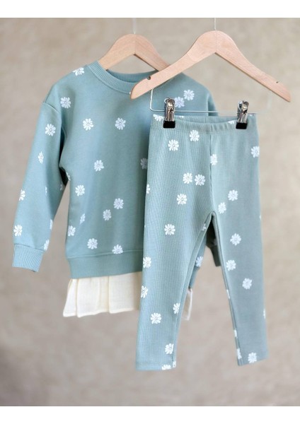 Kız Çocuk Sweatshirt ve Fitilli Taytlı Takım
