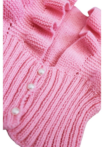 El Örgüsü Volanlı Çocuk Süveter Pembe