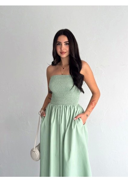 Traplez Pileli Elbise U Yeşili
