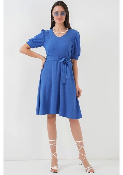 2370 Kuşaklı Örme Elbise Saks