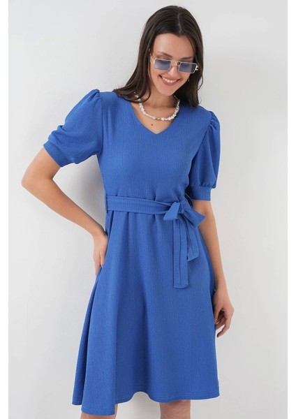 2370 Kuşaklı Örme Elbise Saks