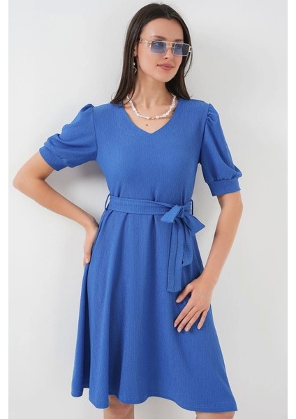2370 Kuşaklı Örme Elbise Saks