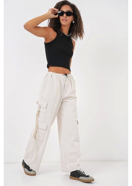 6691 Geniş Paça Kargo Pantolon Ekru