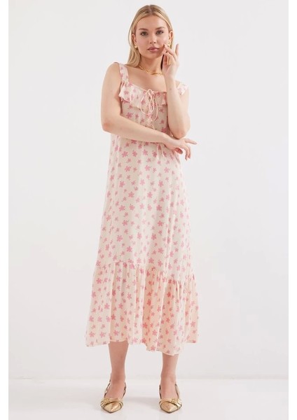2237 Desenli Askılı Viskon Elbise Pembe