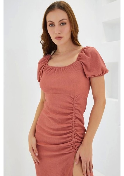 Gül Kurusu Yırtmaçlı Yazlık Örme Elbise 2396