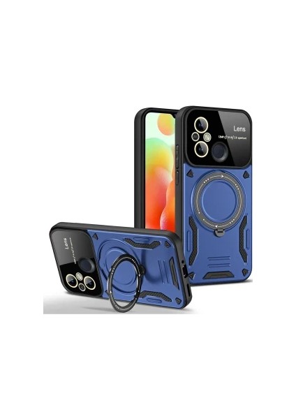 Xiaomi Redmi 12C Uyumlu Kılıf Kamera Lens Koruyuculu Magsafe Destekli 360 Dönen Halka Standlı Kapak