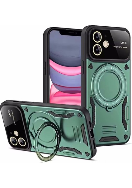 Apple Iphone 11 Için Kılıf Kamera Lens Koruyuculu Magsafe Destekli 360 Dönen Halka Standlı Kapak