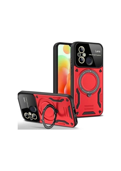 Xiaomi Redmi 12C Uyumlu Kılıf Kamera Lens Koruyuculu Magsafe Destekli 360 Dönen Halka Standlı Kapak