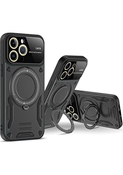 Iphone 16 Pro Için Kılıf Kamera Lens Koruyuculu Magsafe Destekli 360 Dönen Halka Standlı Kapak