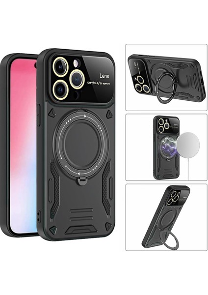 Iphone 16 Pro Max Için Kılıf Kamera Lens Koruyuculu Magsafe Destekli 360 Dönen Halka Standlı Kapak