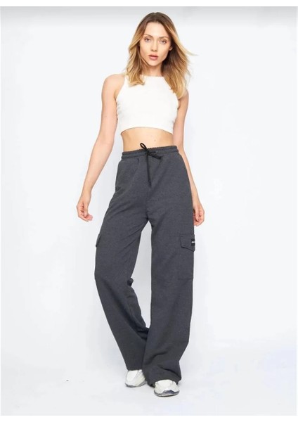 Kargo Cepli Palazzo Oversize Kesim Iki Iplik Bol Paça Eşofman Altı Pantalon - Antrasit fiyatları