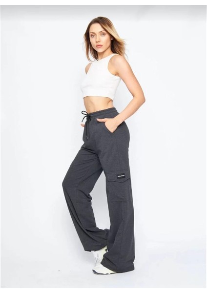 Kargo Cepli Palazzo Oversize Kesim Iki Iplik Bol Paça Eşofman Altı Pantalon - Antrasit modelleri