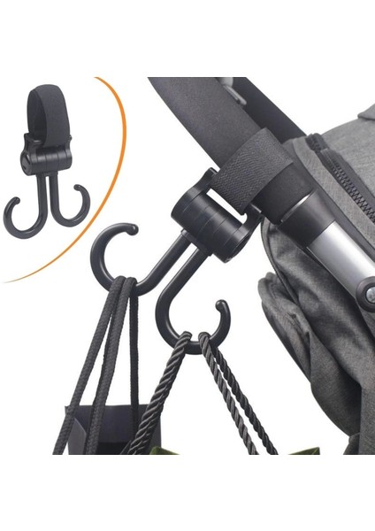 ® 2li Bebek Arabasına Uyumlu Cırtlı Eşya Taşıma Aparatı 360 Derece Dönebilen Plastik Kanca