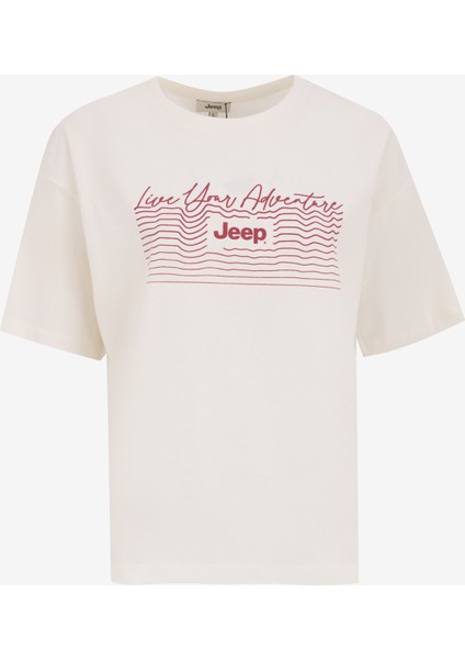 Bisiklet Yaka Baskılı Kırık Beyaz Kadın T-Shirt J5SL-TST7043