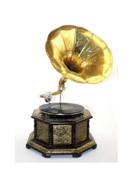 Ahşap Sekizgen Gramofon Plak Çalar Metal Kaplamalı