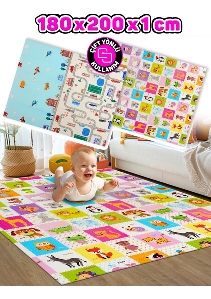 Animals + Taşıtlar , Katlanabilir Çocuk Oyun Halısı – Ekstra Large - 180X200X1 cm - Taşıma Çantası Yanında