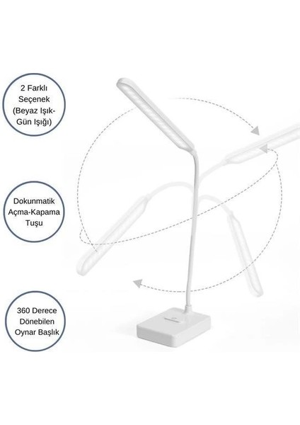 Buffer® Ince Uzun Usbli Dokunmatik 3 Kademeli 360 Derece Özel Göz Korumalı LED Lityum Masa Lambası