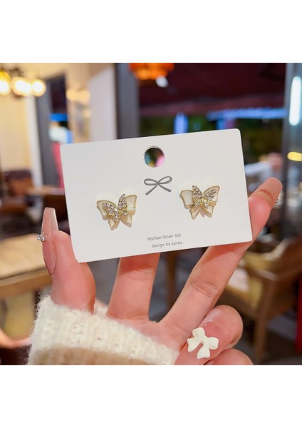 Hengshan 925 Gümüş Iğne Kore Tarzı Moda Inci Küpeler Niş Tasarım Içi Boş Kelebek Tatlı Pembe Çok Yönlü Küpe (Yurt Dışından)