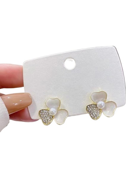 Hengshan Kore Tarzı Kamelya Tarzı Delinmemiş Küpe Inci Çiçek Dama Tahtası Elmas Küpe Kadınlar Için (Yurt Dışından)