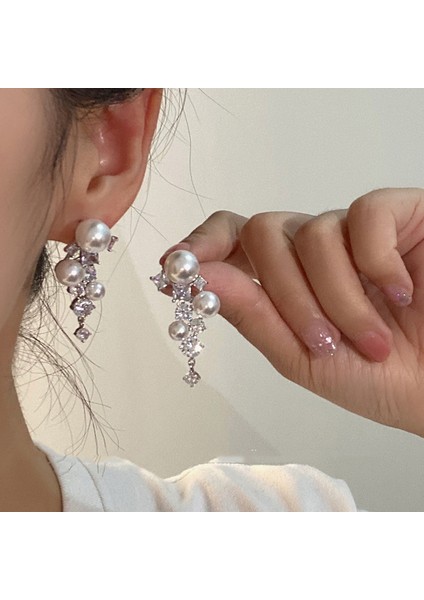 Hengshan 925 Gümüş Iğne Yay Küpe Kore Tarzı Küpeler Üst Düzey Küpeler Niş Inciler Çok Yönlü Mizaç Küpeleri (Yurt Dışından)