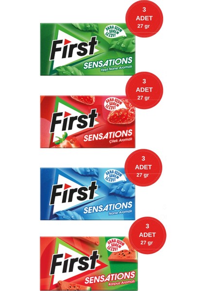 Sensations Sakız Paketi - Yeşil Nane, Çilek, Nane, Karpuz Aromalı 27 Grx12 Adet