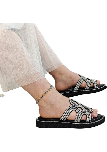 7505 Siyah Renk Taşlı Bayan Terlik
