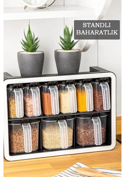9'lu Standlı Baharatlık Takımı - Kendinden Yapışkanlı Kaşıklı Kapaklı Baharatlık Seti