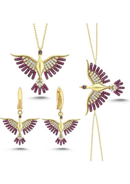 Fuşya Anka Kuşu Altın Kaplama Gümüş Takım AGT04