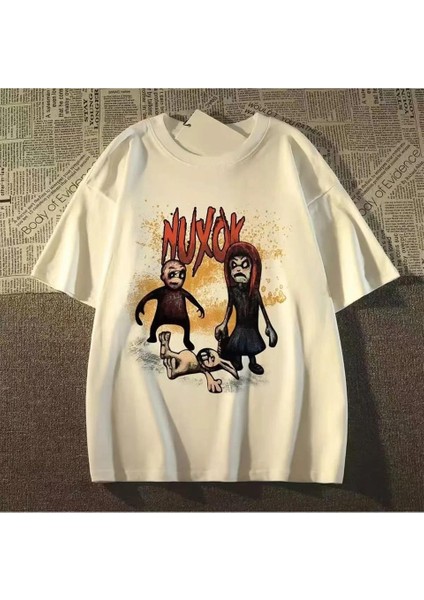 Beyaz Nuxok Baskılı Oversize T-Shirt