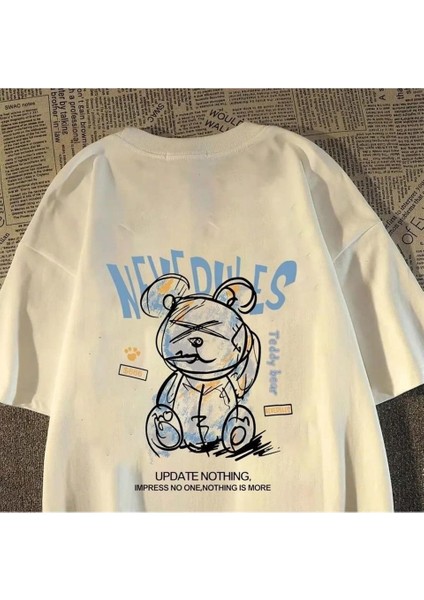 Beyaz Cartoon Bear Baskılı Oversize T-Shirt