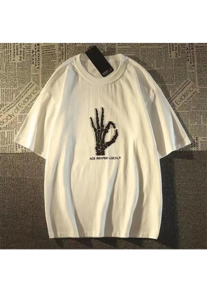 Beyaz Skeleton Hand Baskılı Oversize T-Shirt