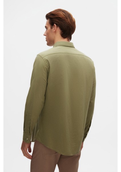Ds Damat Comfort Yeşil Düğmeli Yaka Rahat Kesim Keten Görünümlü Pamuk Gömlek 2HC02ORT64265 modelleri
