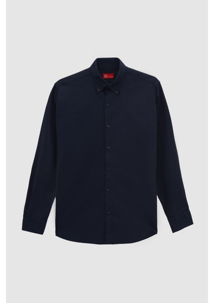 Ds Damat Comfort Lacivert Düğmeli Yaka Rahat Kesim Keten Görünümlü Pamuk Gömlek 2HC02ORT64265