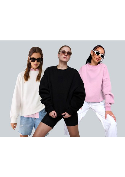 3'lü Paket Bisiklet Yaka Içi Polar Oversize Hoodie Sweatshirt/ Siyah-Beyaz-Pembe