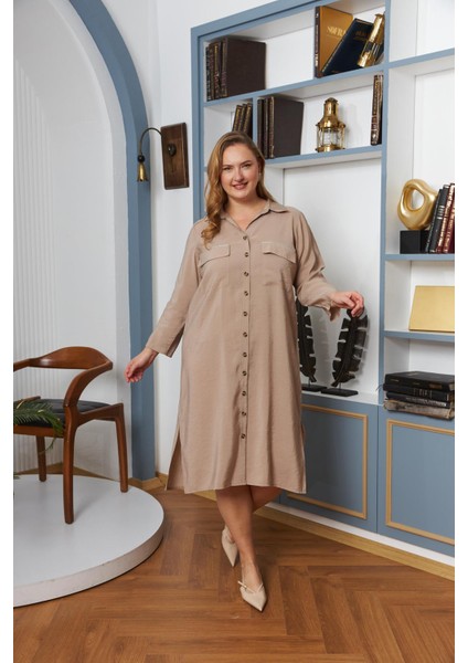 Büyük Beden Cep Taş Şerit Detaylı Düğmeli Elbise Krem