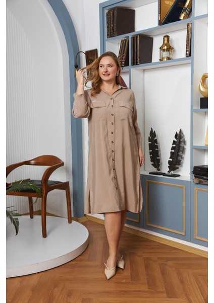 Büyük Beden Cep Taş Şerit Detaylı Düğmeli Elbise Krem fiyatları