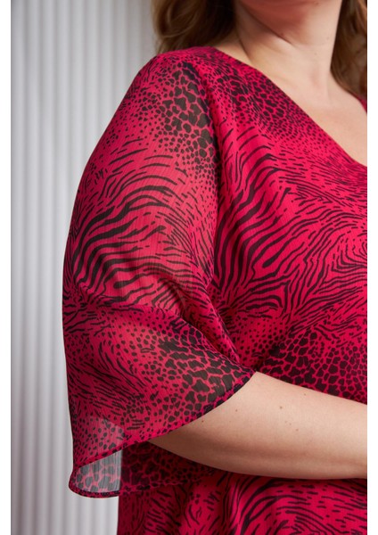 Çiçek Desenli V Yaka Büyük Beden Günlük Elbise Fuşya fiyatları