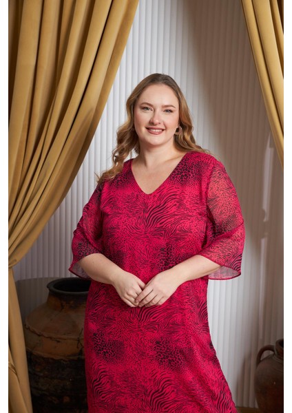 Çiçek Desenli V Yaka Büyük Beden Günlük Elbise Fuşya modelleri