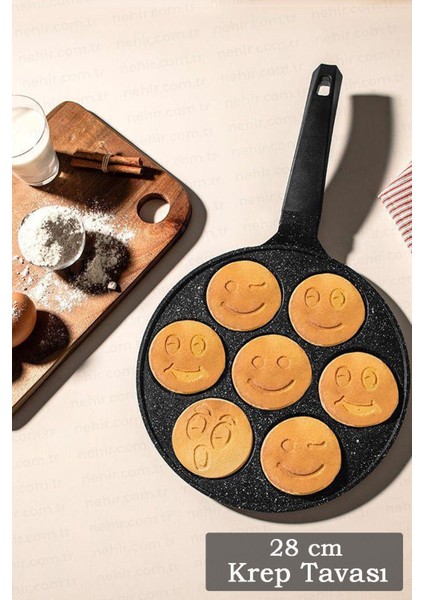 28 cm Granit Gülen Yüz Krep Tavası - Yüz Emojili Pankek Hamur Tava