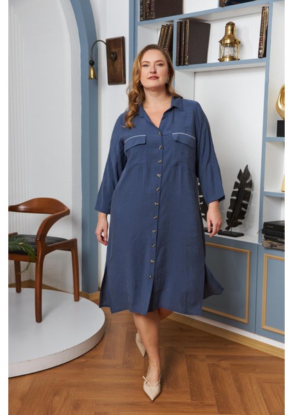 Büyük Beden Cep Taş Şerit Detaylı Düğmeli Elbise Indigo