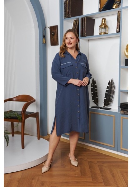 Büyük Beden Cep Taş Şerit Detaylı Düğmeli Elbise Indigo fiyatları