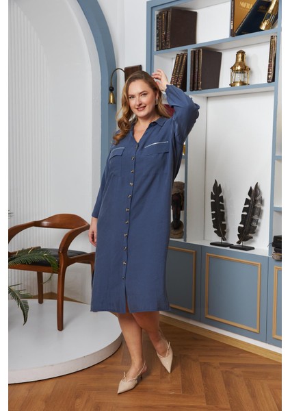 Büyük Beden Cep Taş Şerit Detaylı Düğmeli Elbise Indigo modelleri